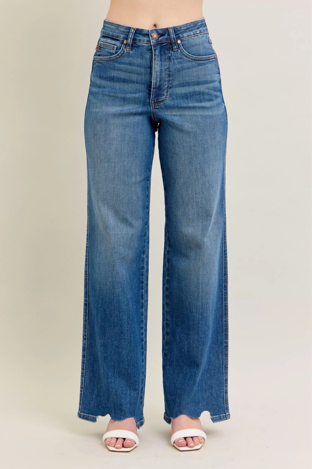 Judy Blue Full Size High Waist Tummy Control Chew Hem Destroy Wide Jeans Plus Size - Lilixa.store