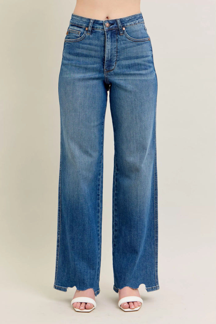 Judy Blue Full Size High Waist Tummy Control Chew Hem Destroy Wide Jeans Plus Size - Lilixa.store