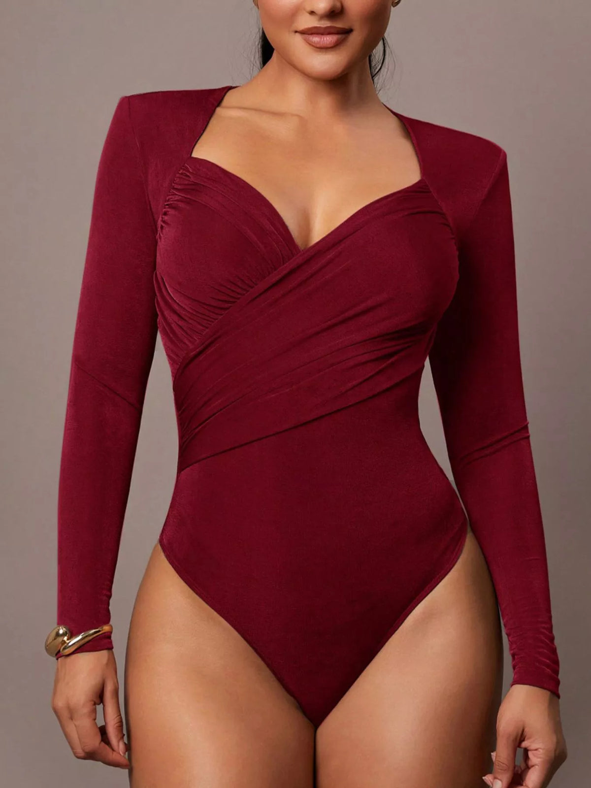 Ruched Surplice Long Sleeve Bodysuit - Lilixa.store