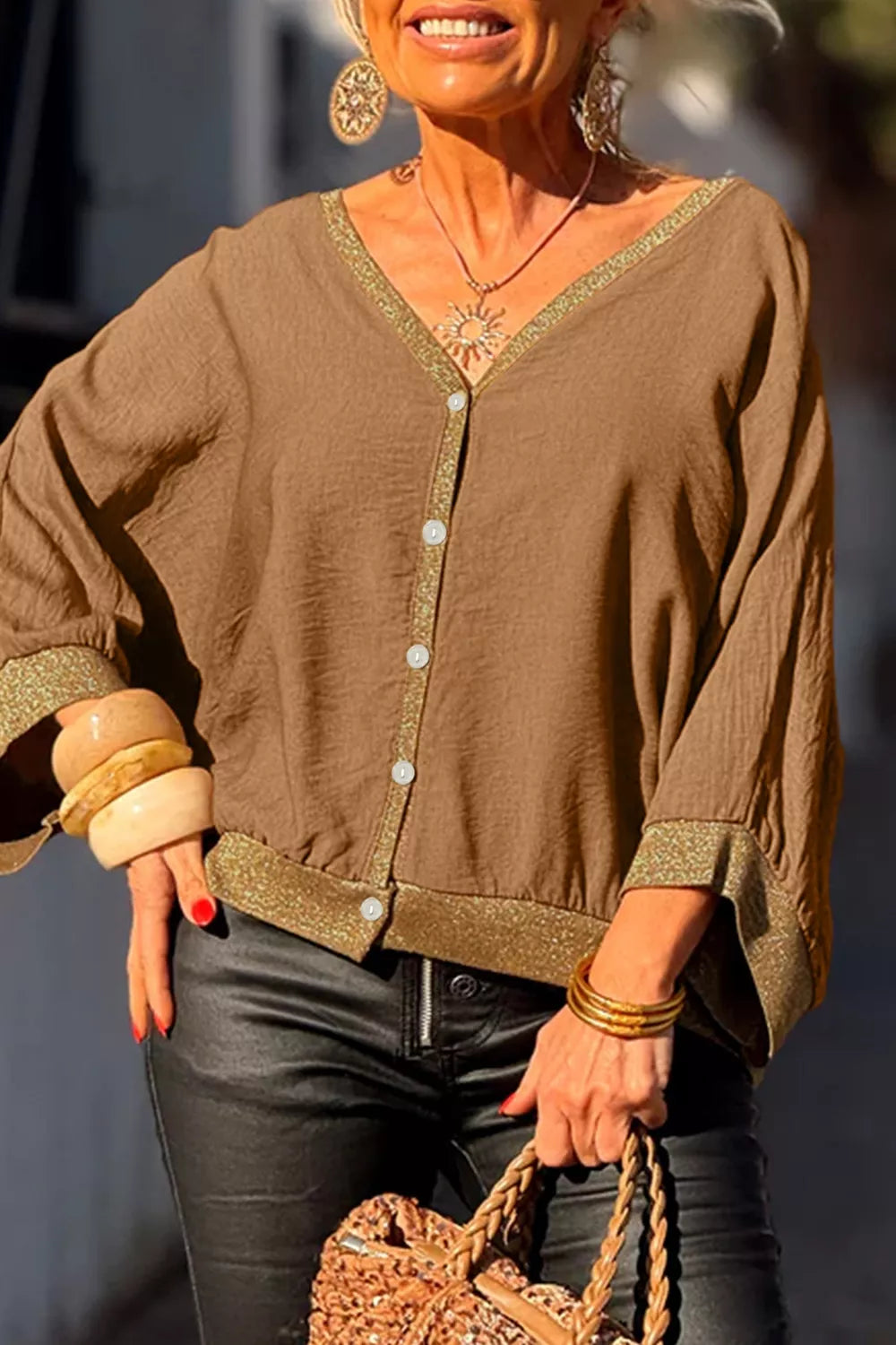 V-Neck Button Up Shirt in Caramel, view 5