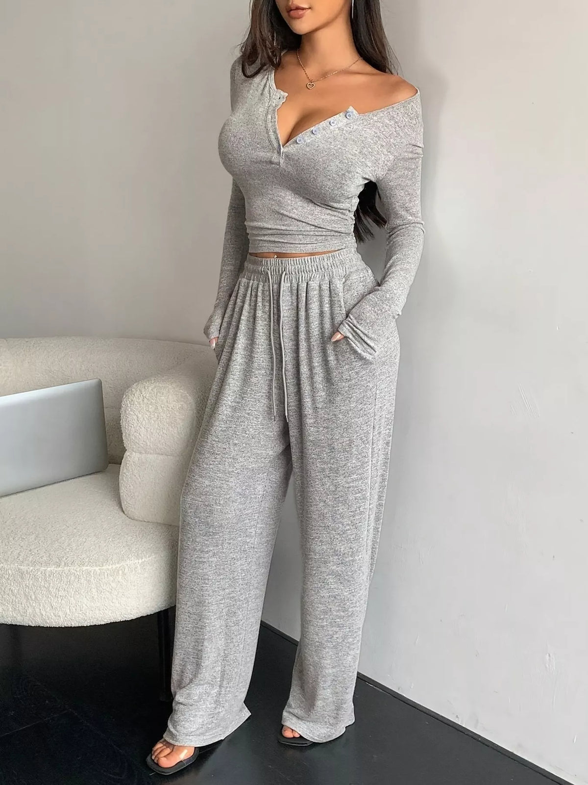Button Detail Long Sleeve Top and Wide-Leg Pants Set