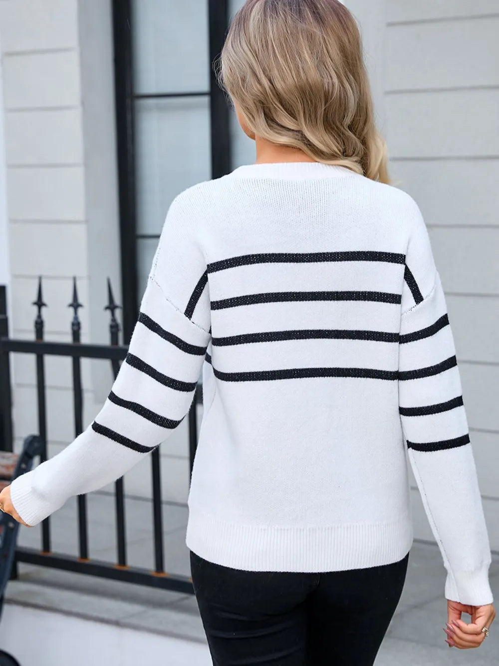 Angel Wings Striped Round Neck Long Sleeve Sweater - Lilixa.store