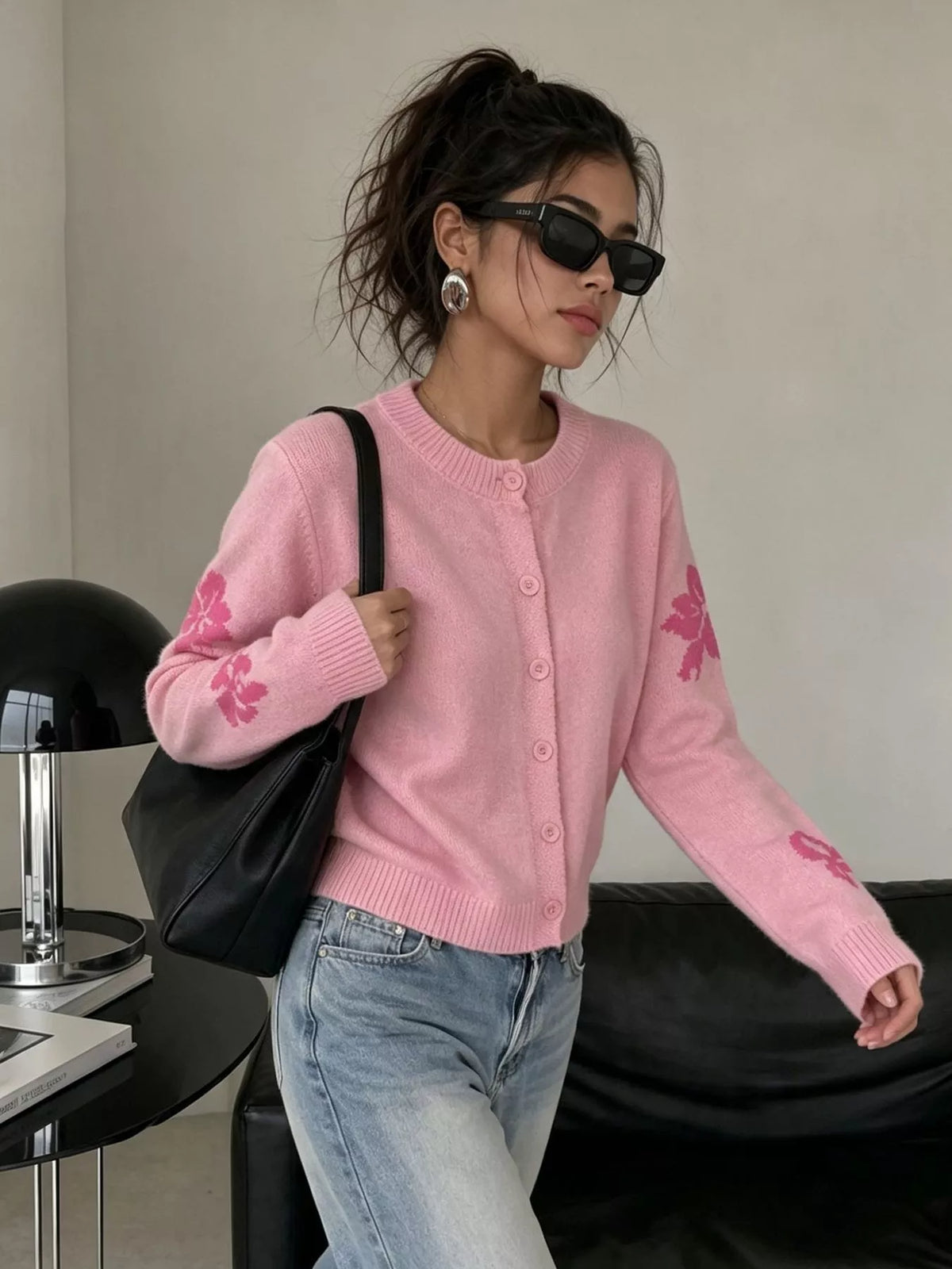 Floral Crew Neck Cropped Knit Cardigan, view 17