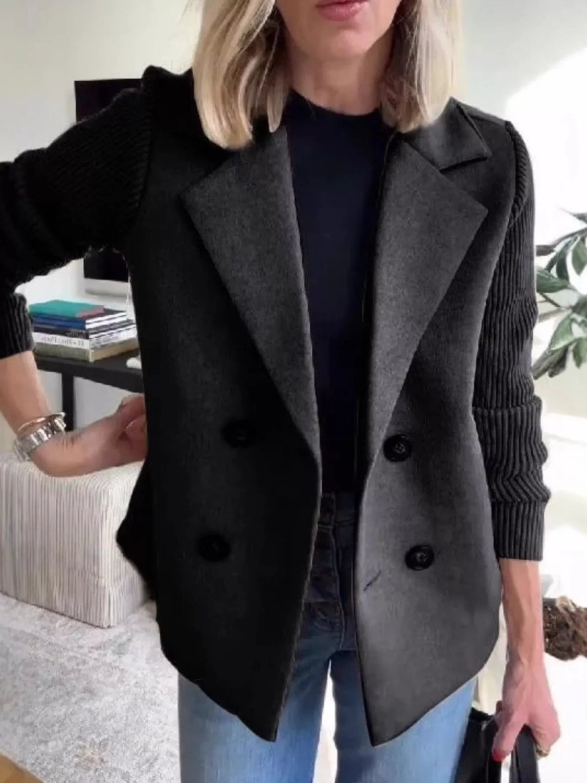 Full Size Knit Sleeve Double-Breasted Outerwear Plus Size in Black