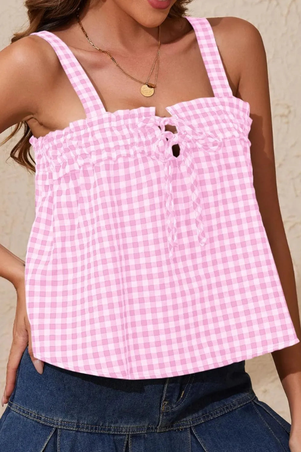 Tied Front Textured Square Neck Cami - Lilixa.store