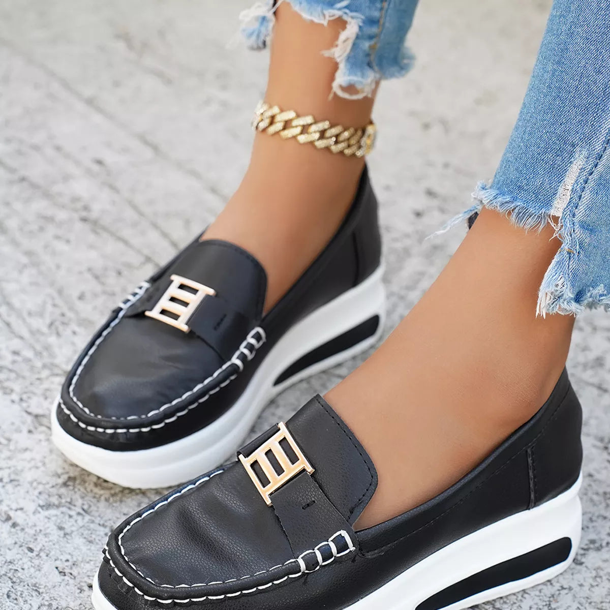Metal Buckle Round Toe Slip-Ons, view 2