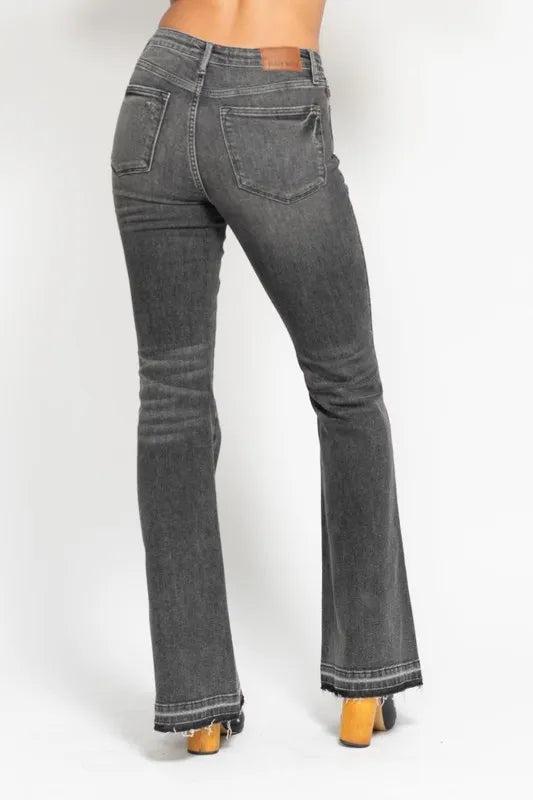 Judy Blue Full Size Mid Rise Tummy Control Washed Gray Release Hem Flare Jeans Plus Size - Lilixa.store