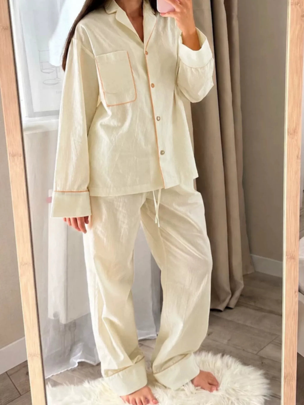 Contrast Trim Button-Down Top and Pants Lounge Set - Lilixa.store