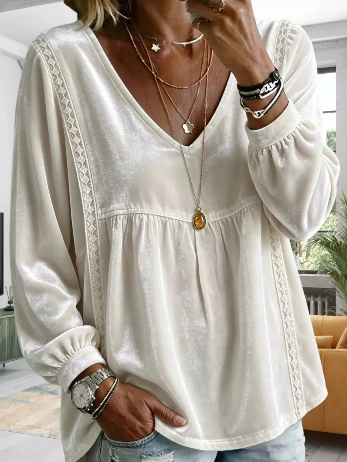 Full Size Velvet Lace Detail V-Neck Blouse Plus Size - Lilixa.store