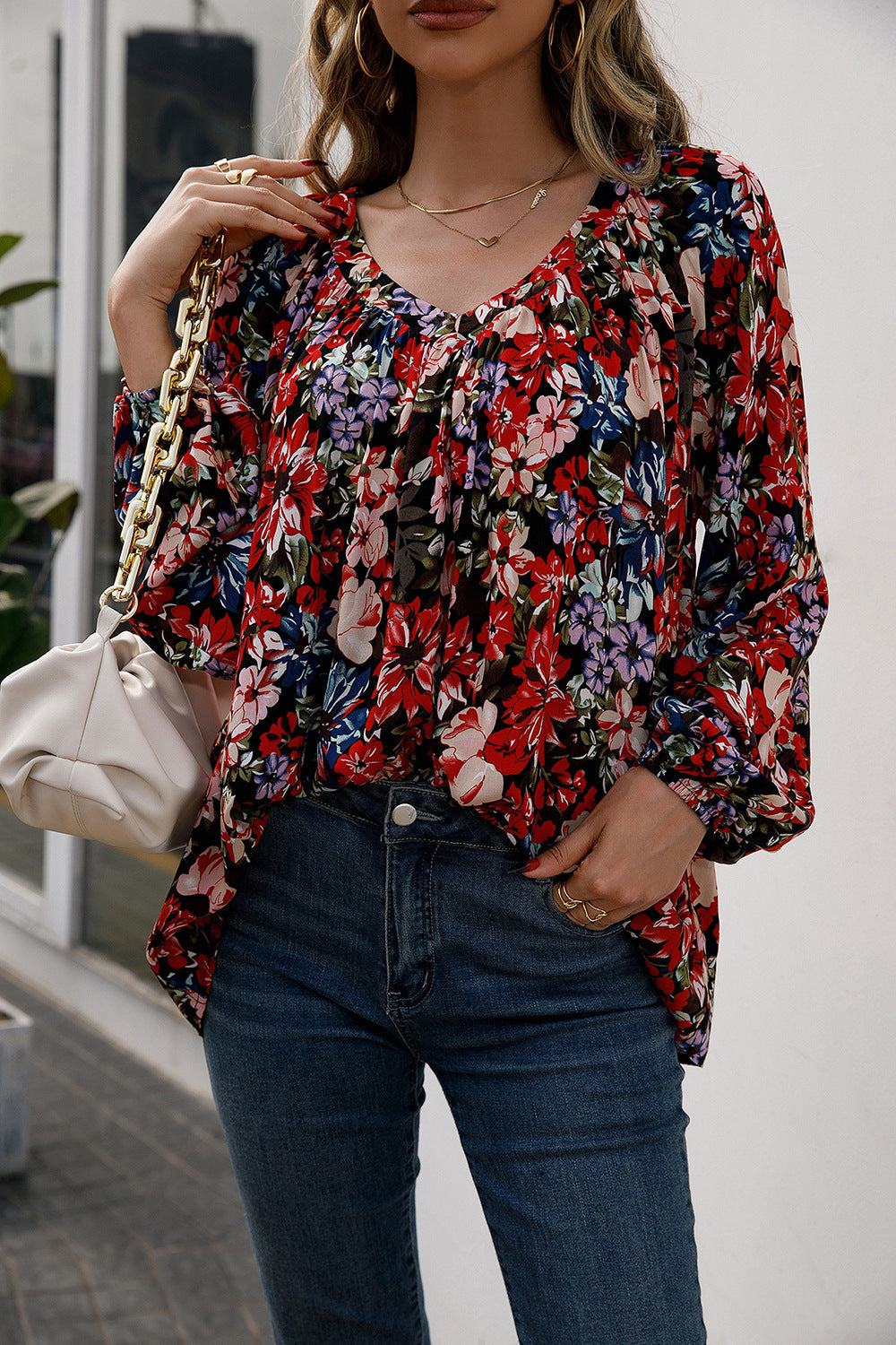 Ivy Lane Floral Print Balloon Sleeve Ruched Blouse in Red, view 4