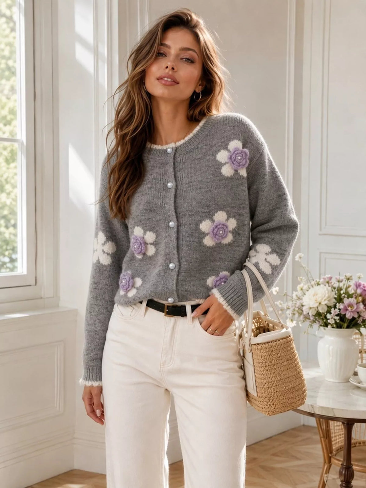 Floral Applique Button-Down Knit Cardigan, view 14