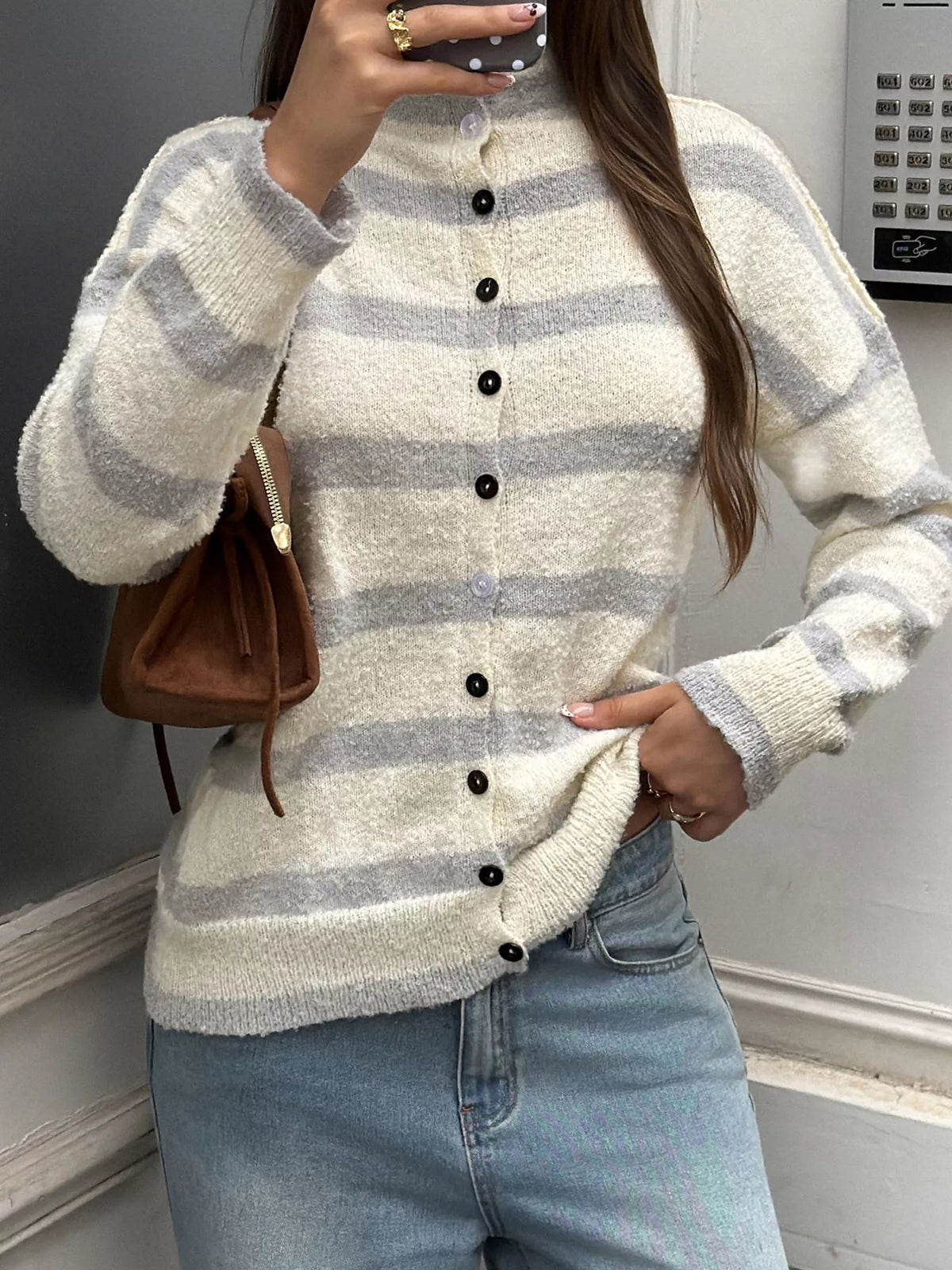 Striped Mock Neck Button-Down Textured Cardigan - Lilixa.store