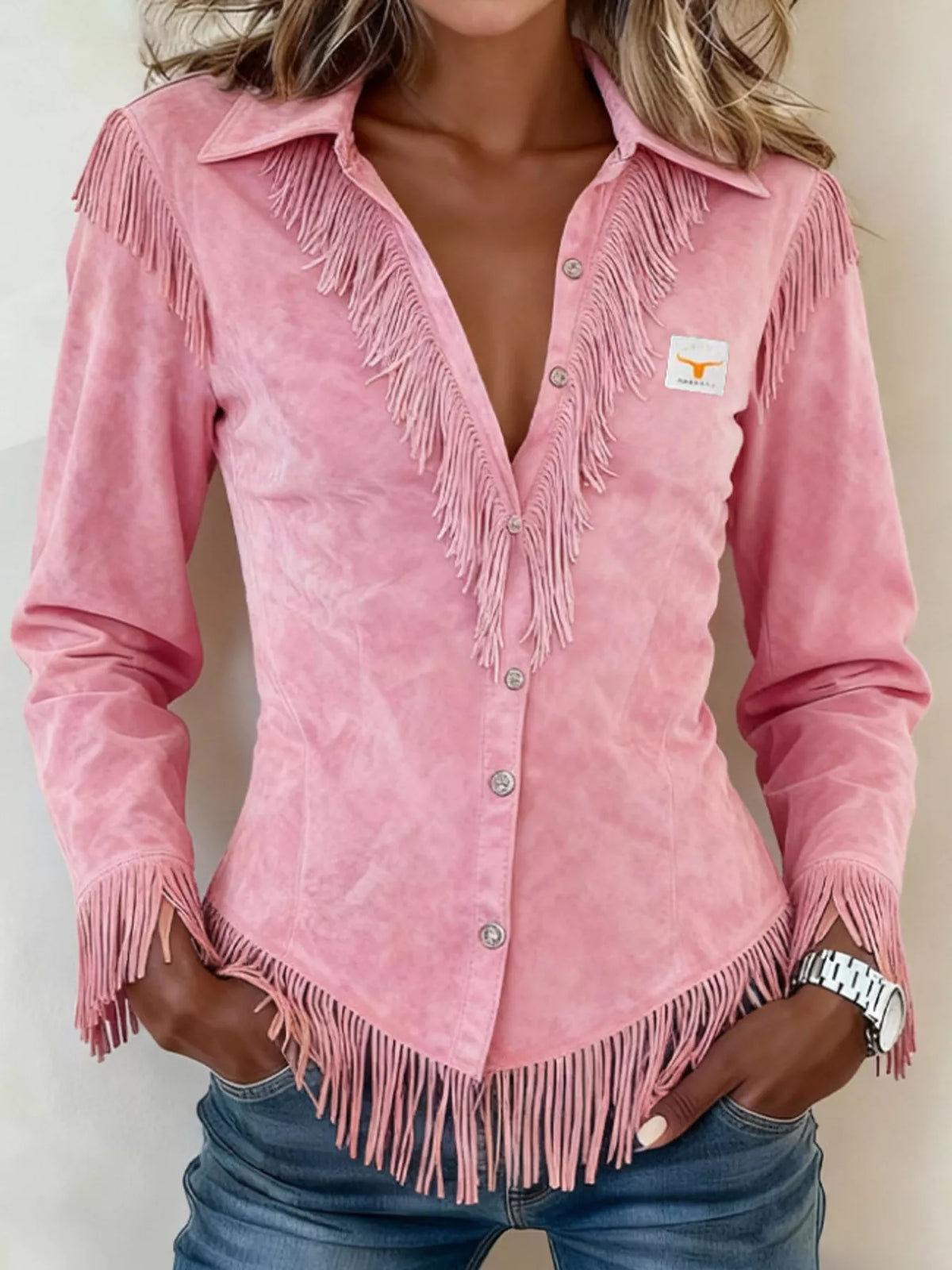Full Size Fringed Collared Neck Shirt Plus Size - Lilixa.store