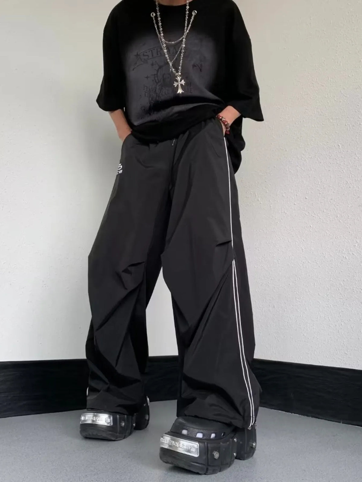 Men's Striped Wide Leg Pants in Black, view 3