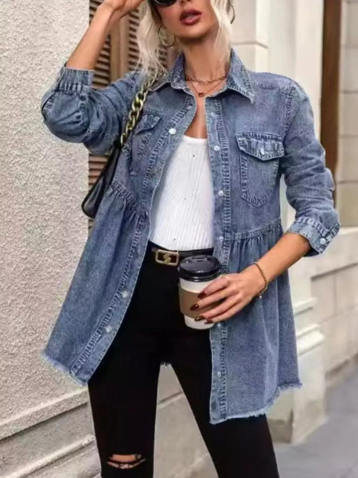 Peplum Hem Denim Jacket with Button-Down Front in Dusty Blue