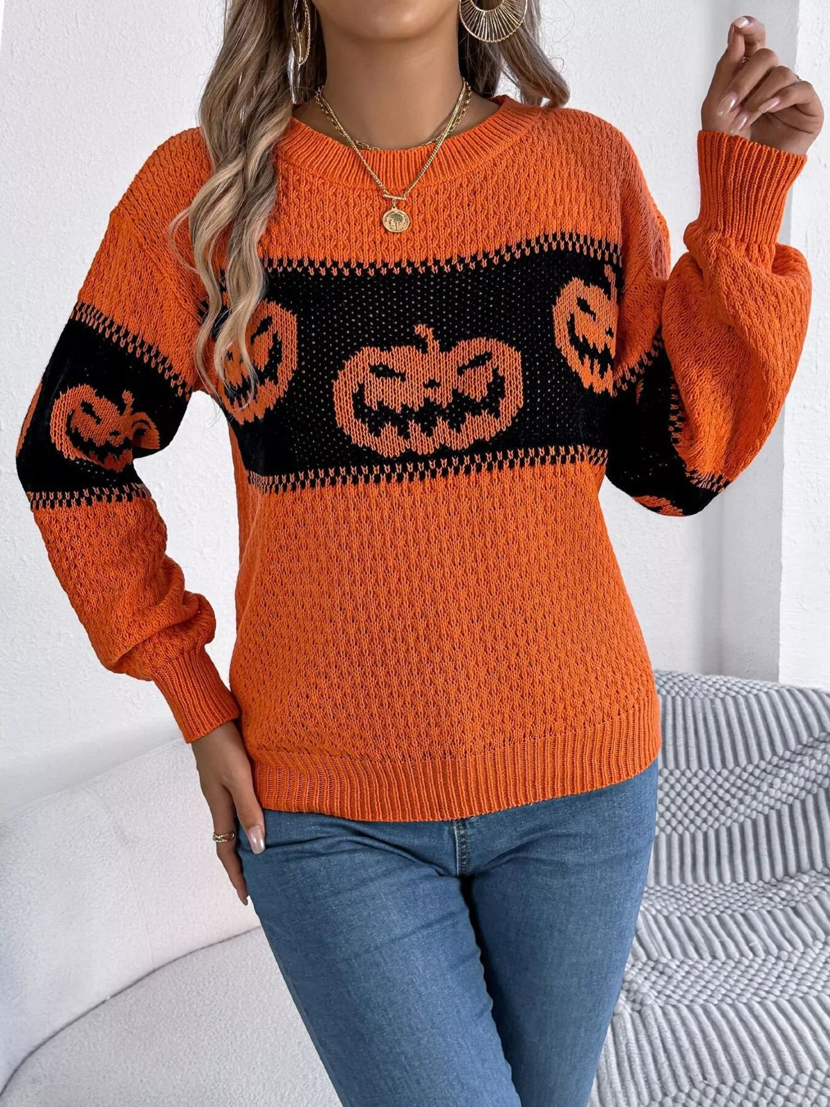 Halloween Pumpkin Pattern Round Neck Sweater, view 4