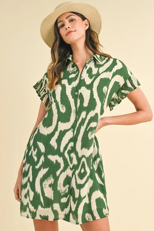 Annie Wear Abstract Printed Frill Sleeve Shirt Mini Dress - Lilixa.store