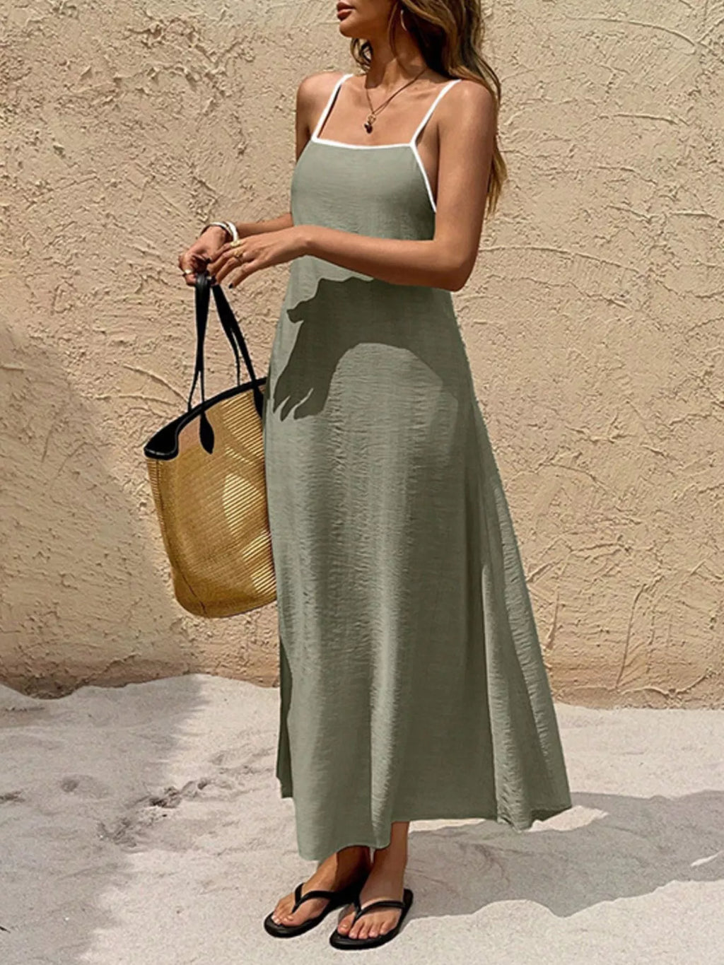 Spaghetti Strap Maxi Dress with Contrasting Trim - Lilixa.store