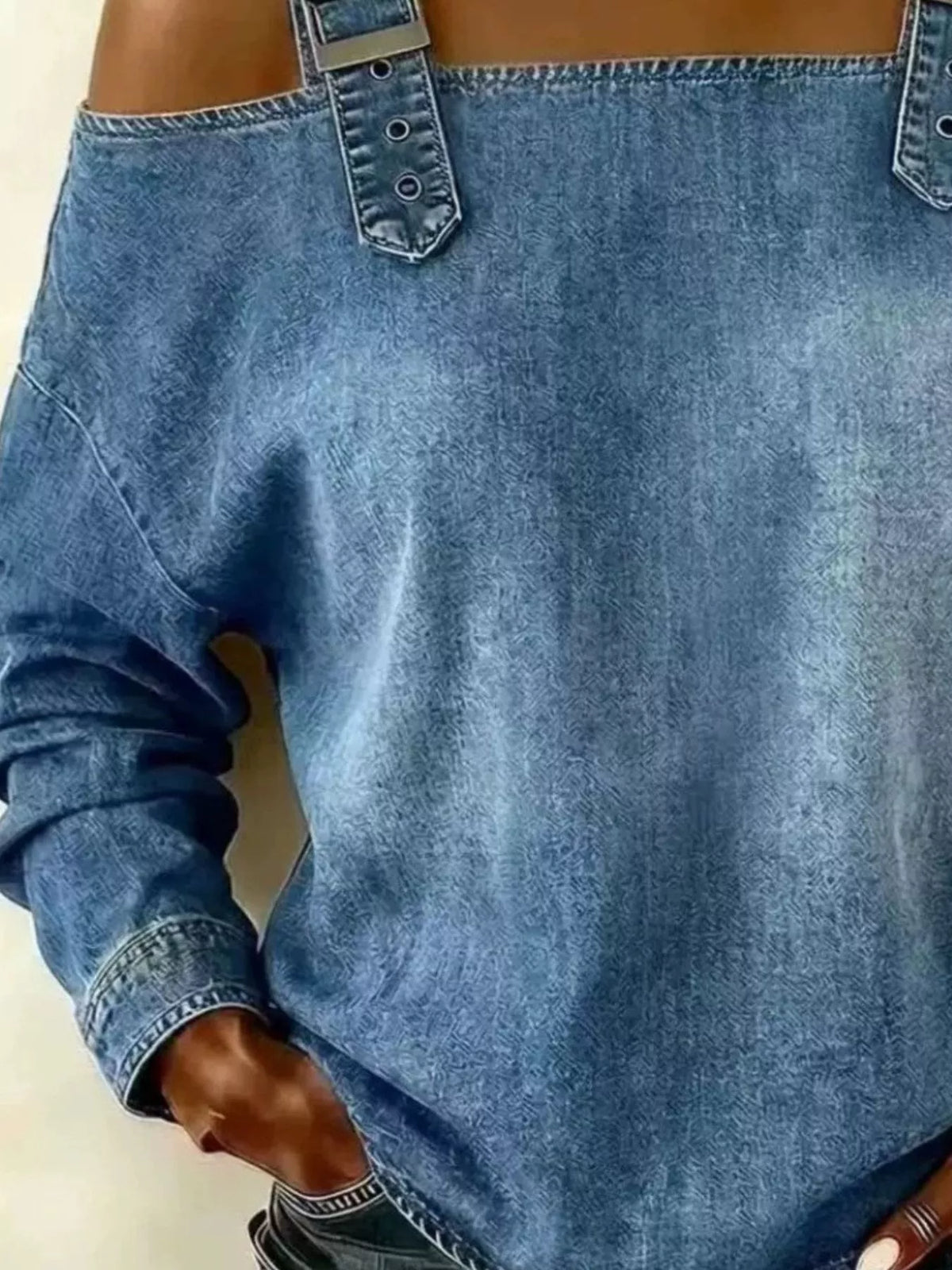Full Size Buckle Strap Long Sleeve Denim Top Plus Size - Lilixa.store