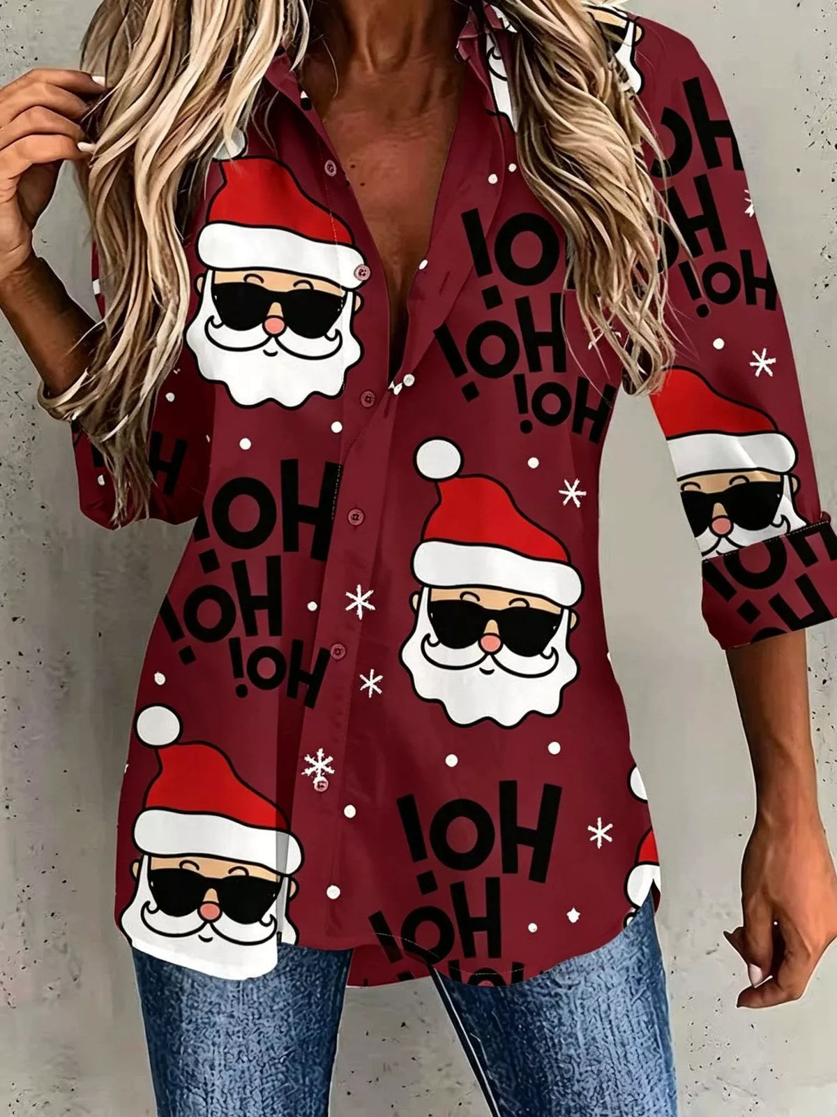 Full Size Christmas Santa Claus Print Button-Down Shirt Plus Size, view 2