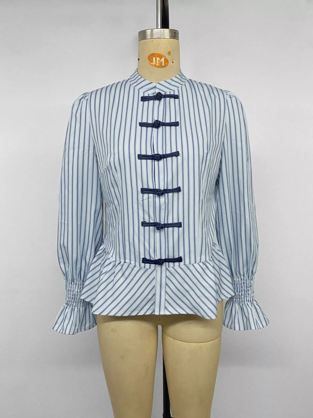 Striped Mandarin Knot Buttons Peplum Hem Shirt - Lilixa.store
