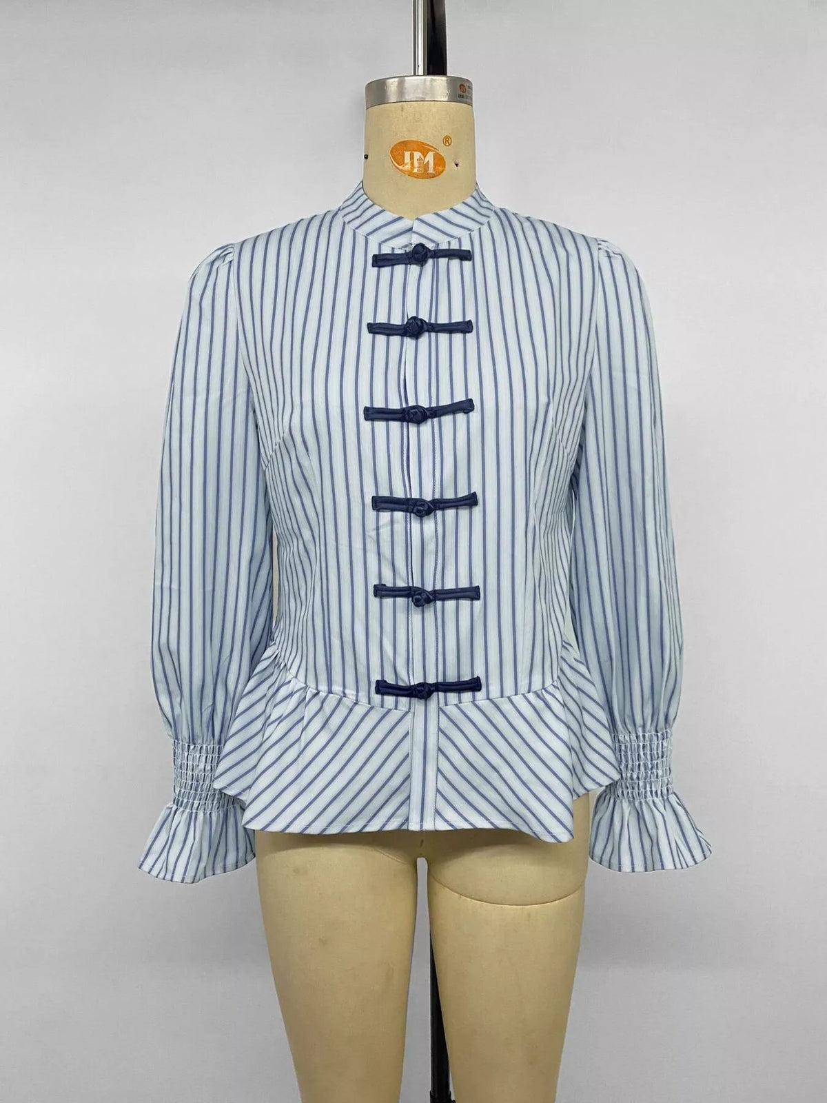 Striped Mandarin Knot Buttons Peplum Hem Shirt - Lilixa.store