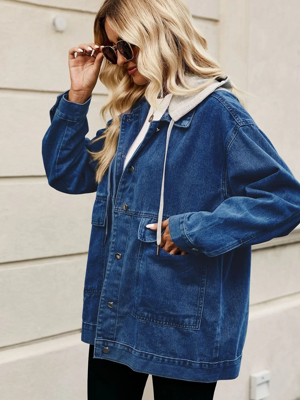 Oversized Button Up Denim Jacket with Hood, view 17