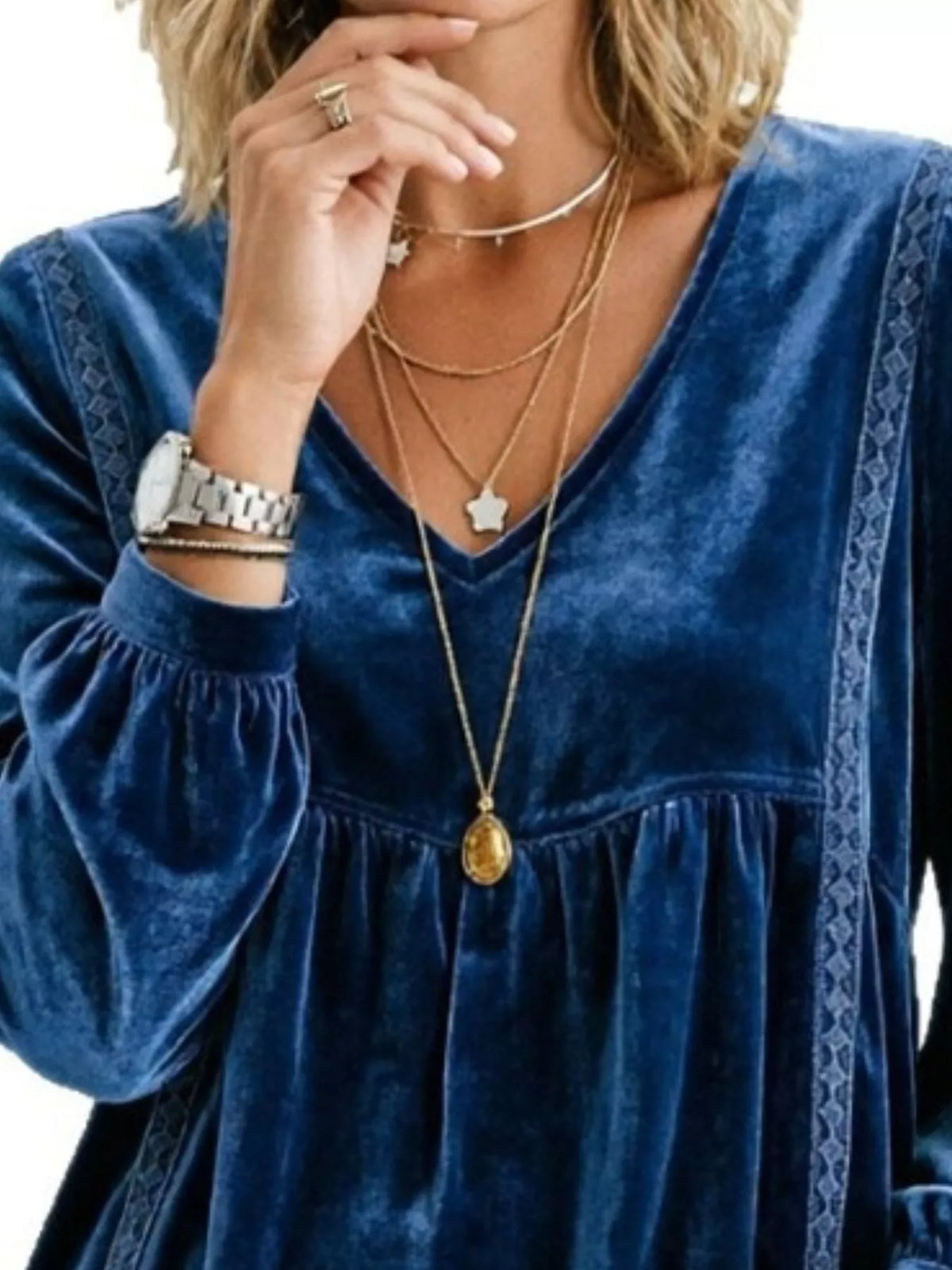Full Size V-Neck Long Sleeve Velvet Blouse with Lace Trim Plus Size - Lilixa.store