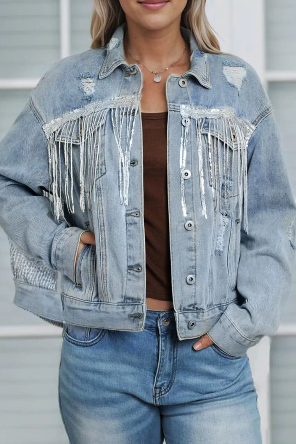 Sequin Fringe Trim Distressed Button Up Denim Jacket, view 2