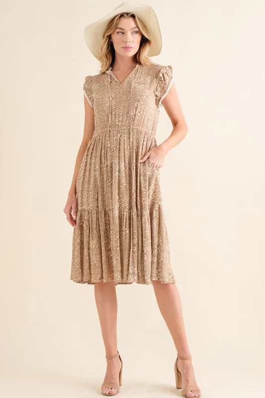 And The Why Boho Printed Tiered Maxi Dress in Taupe, view 5