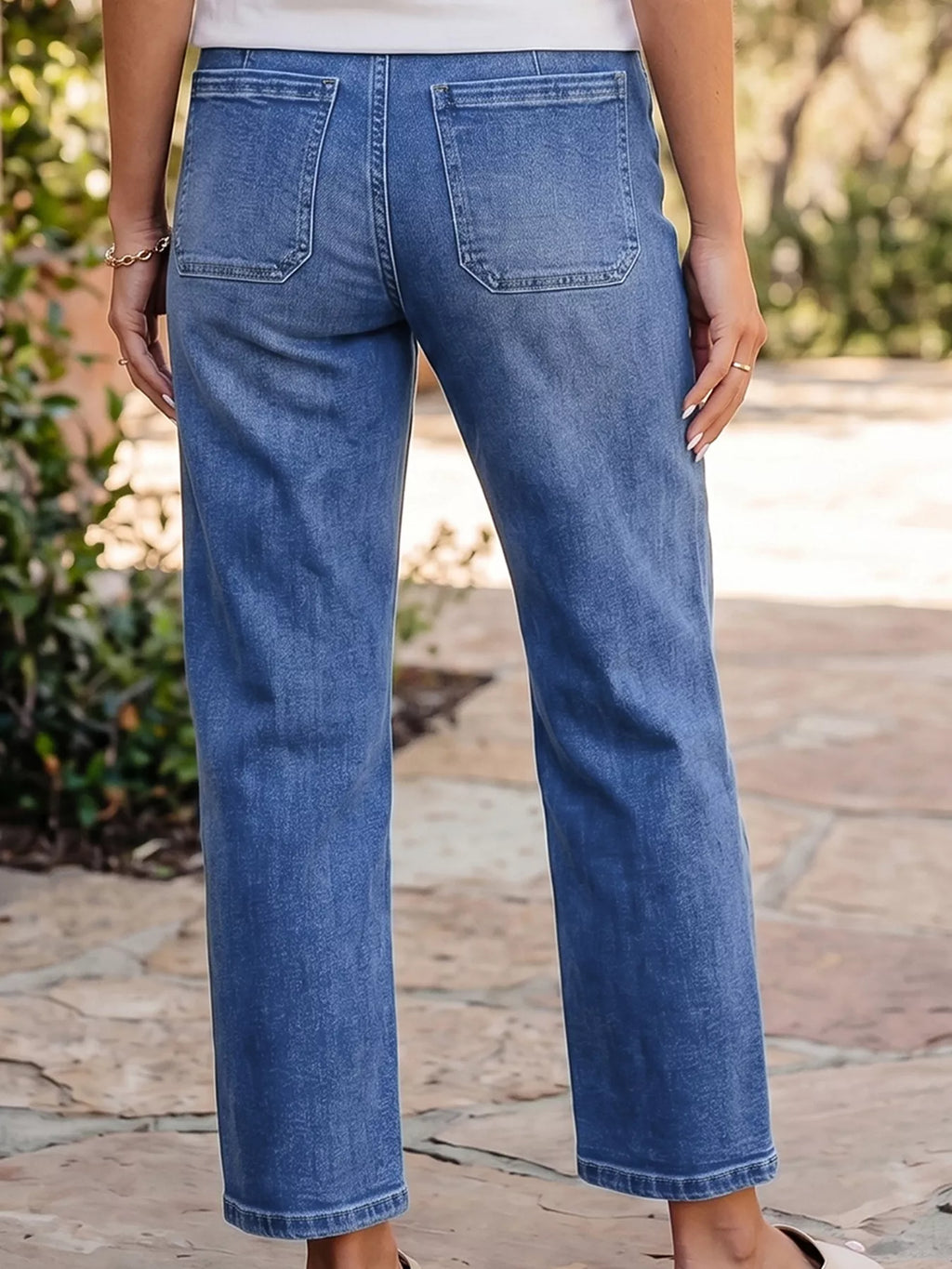 Drawstring Waist Ankle Length Casual Jeans Regular Fit Pocket Detail Jeans - Lilixa.store