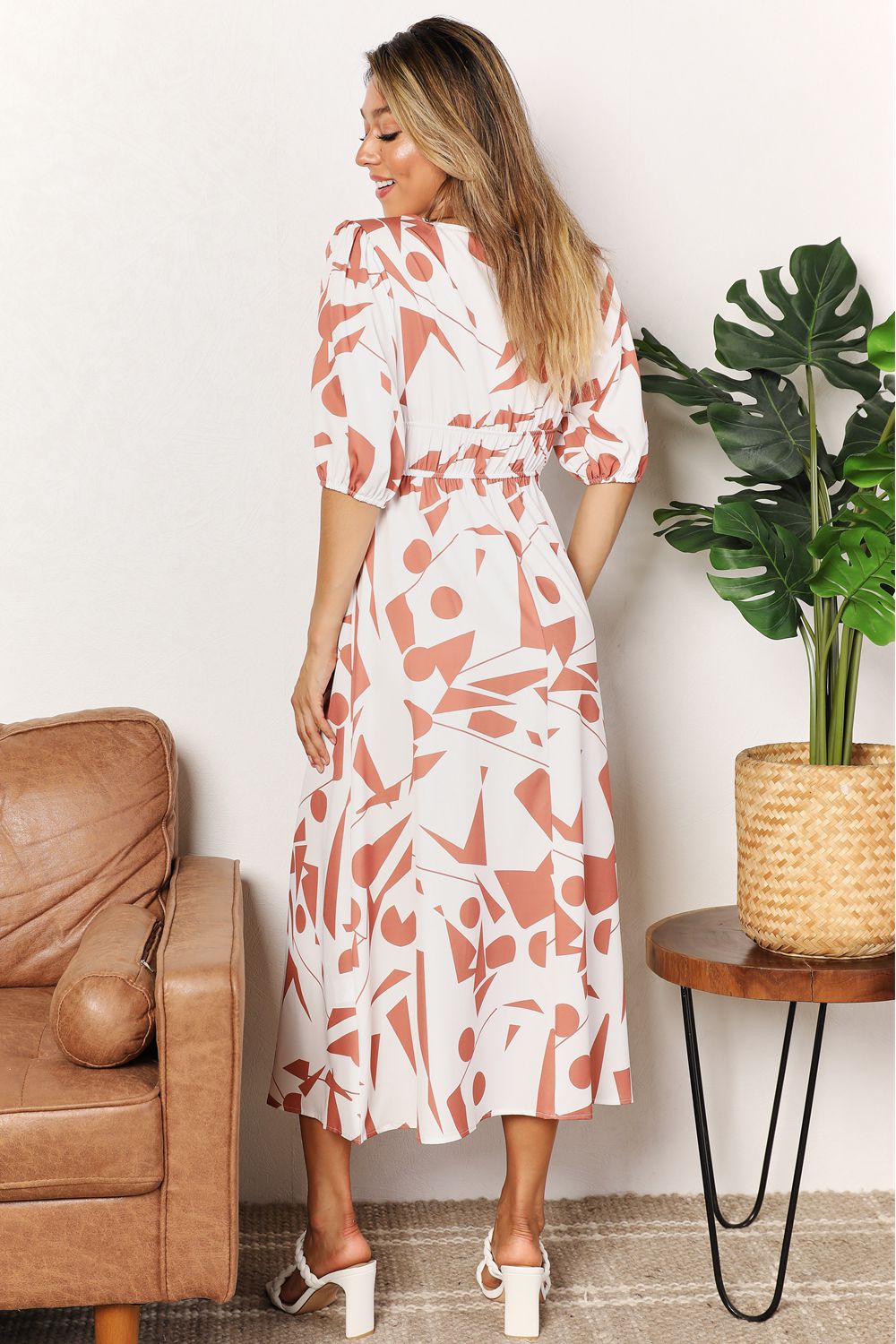 Printed Surplice Balloon Sleeve Dress - Lilixa.store