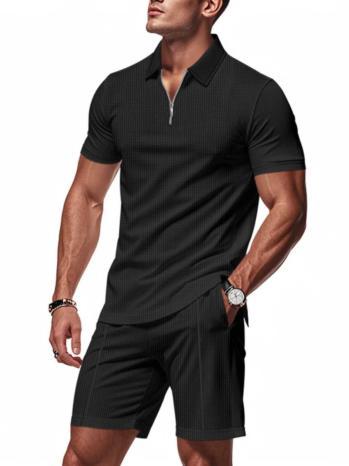 Men's Plus Size Quarter Zip Short Sleeve Top and Shorts Set in Black