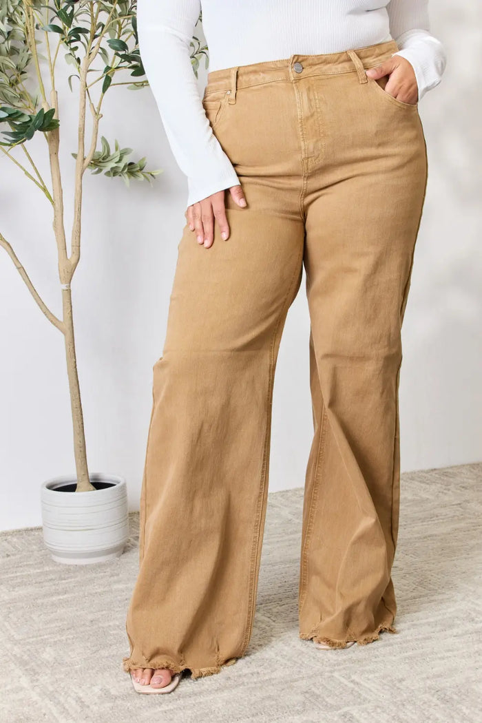 RISEN Full Size Fringe Hem Wide Leg Jeans in Mocha