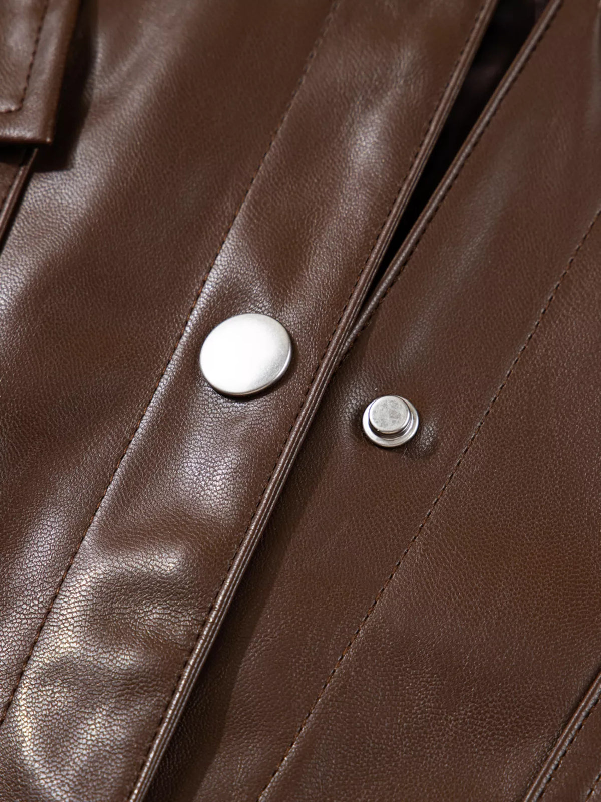 Double Flap Pocket Drawstring Hem Leather Jacket in Dark Brown, view 11