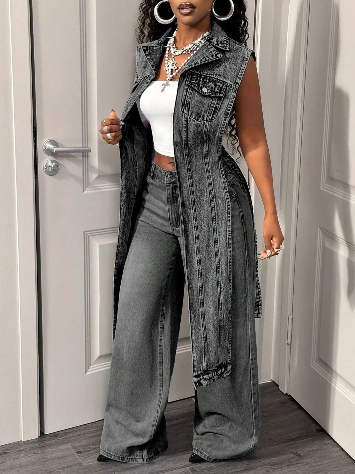 High-Low Open Front Denim Vest, view 13