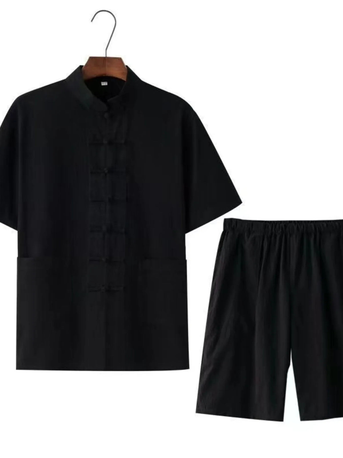 Men's Plus Size Chinese Style Top and Shorts Set in Black