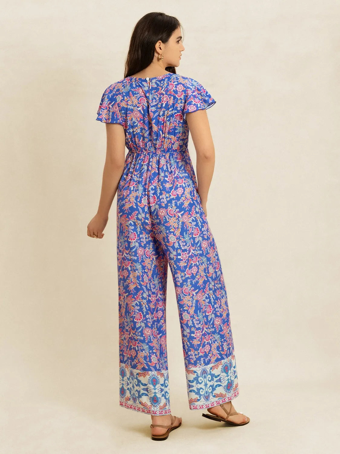 Printed V-Neck Wide Leg Jumpsuit - Lilixa.store