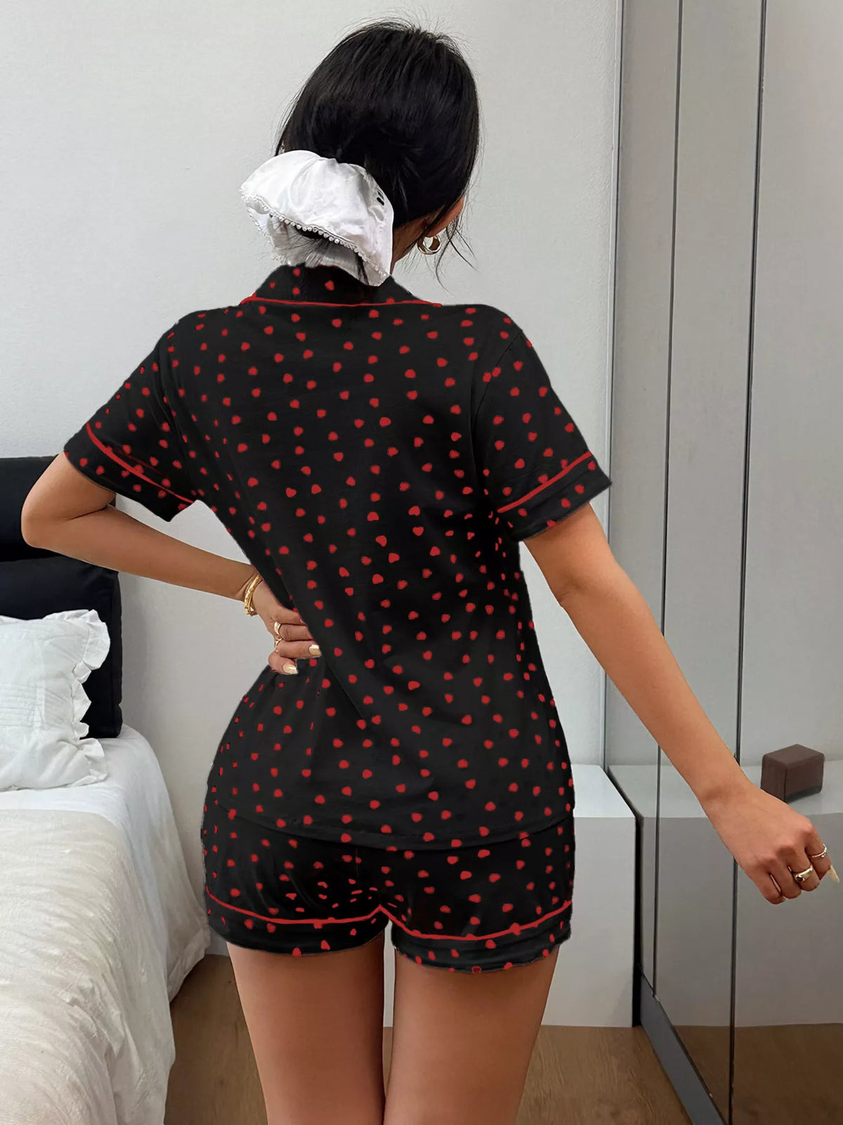 Heart Print Button-Down Short Sleeve Top and Shorts Lounge Set - Lilixa.store