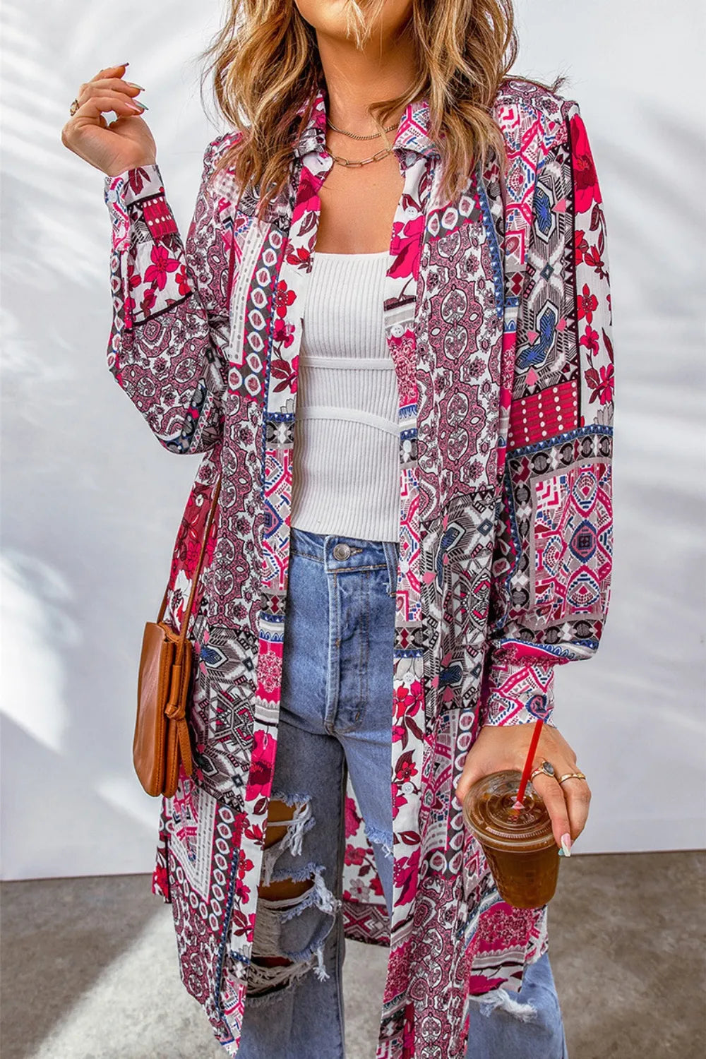 Printed Button Up Long Sleeve Cardigan in Hot Pink