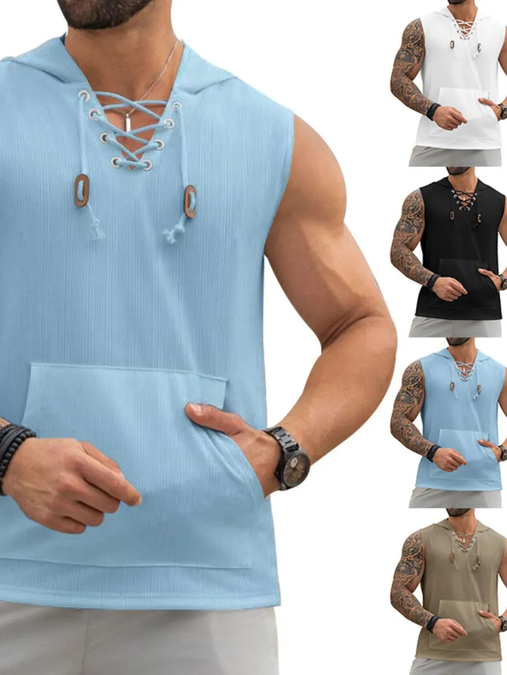 Men's Lace Up Hooded Top - Lilixa.store