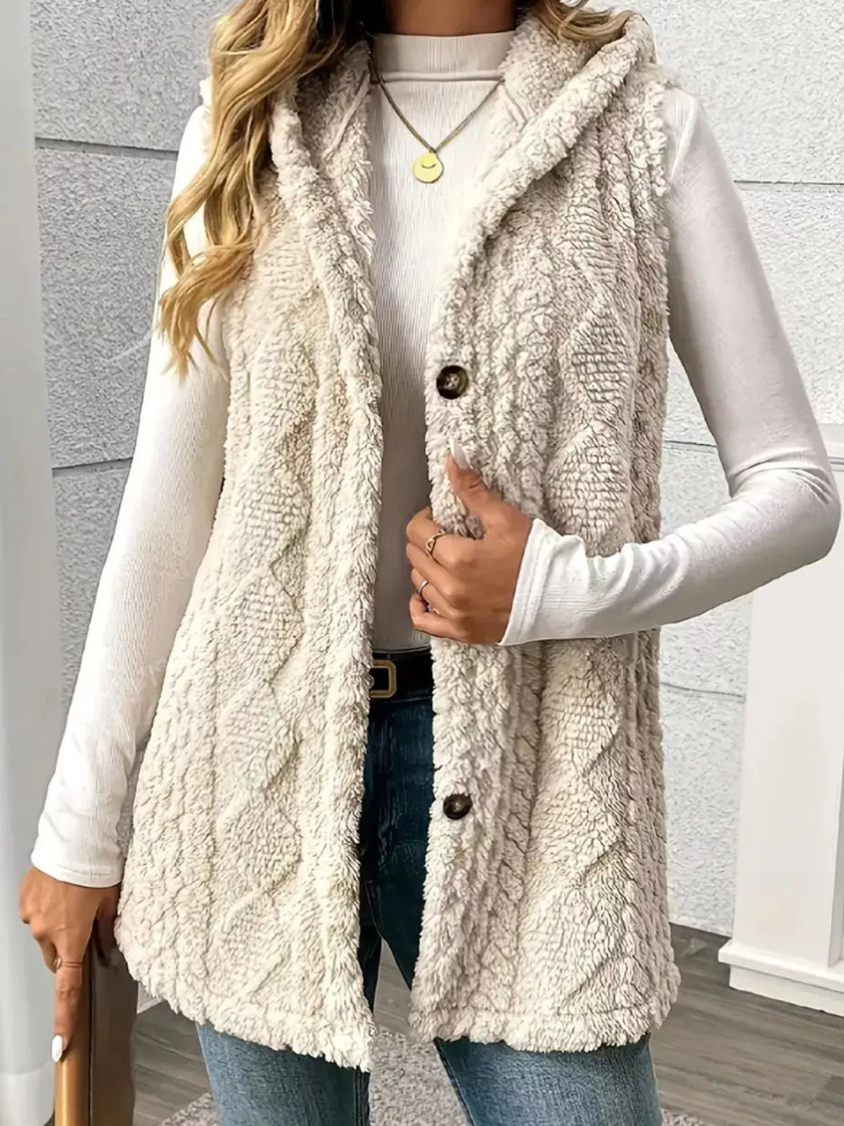 Button-Down Sherpa Hooded Vest Coat - Lilixa.store