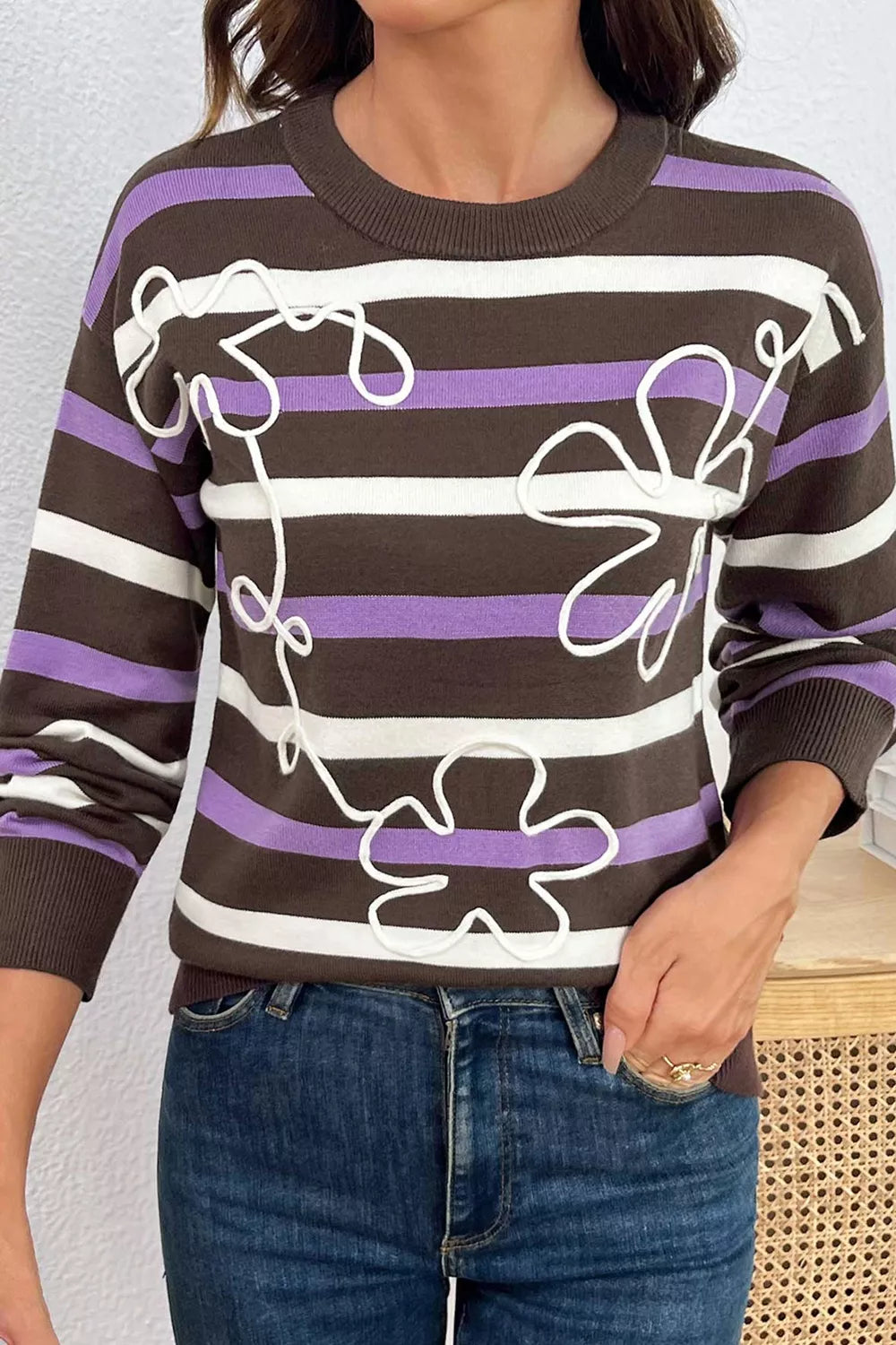 Stripe Embroidered Detail Drop Shoulder Sweater