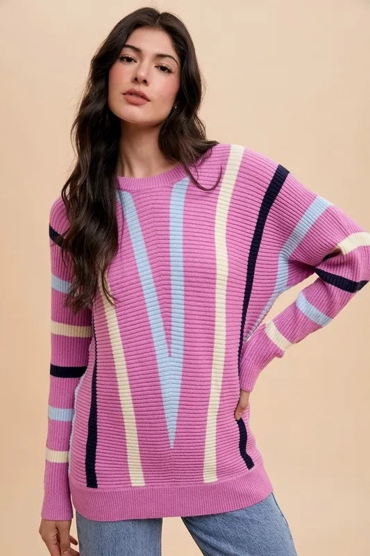 Annie Wear Chevron Stripe Round Neck Ribbed Sweater - Lilixa.store