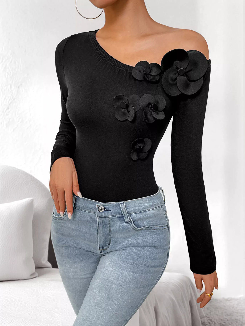 Flower One Shoulder Long Sleeve Bodysuit - Lilixa.store