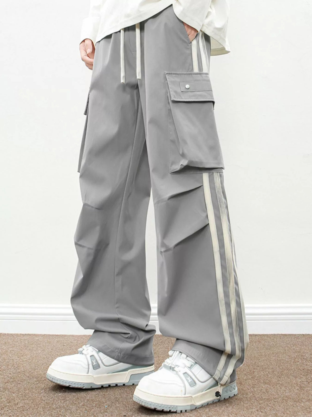Men's Plus Size Casual Loose Cargo Pants with Side Stripes in Gray
