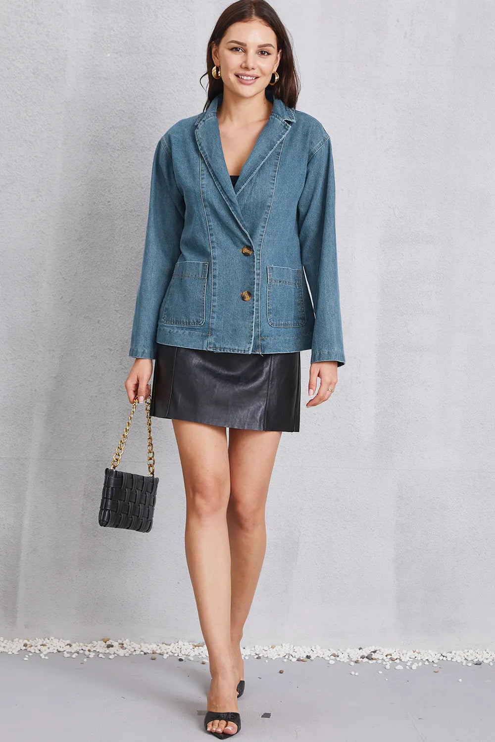 Pocketed Button Up Denim Jacket, view 7