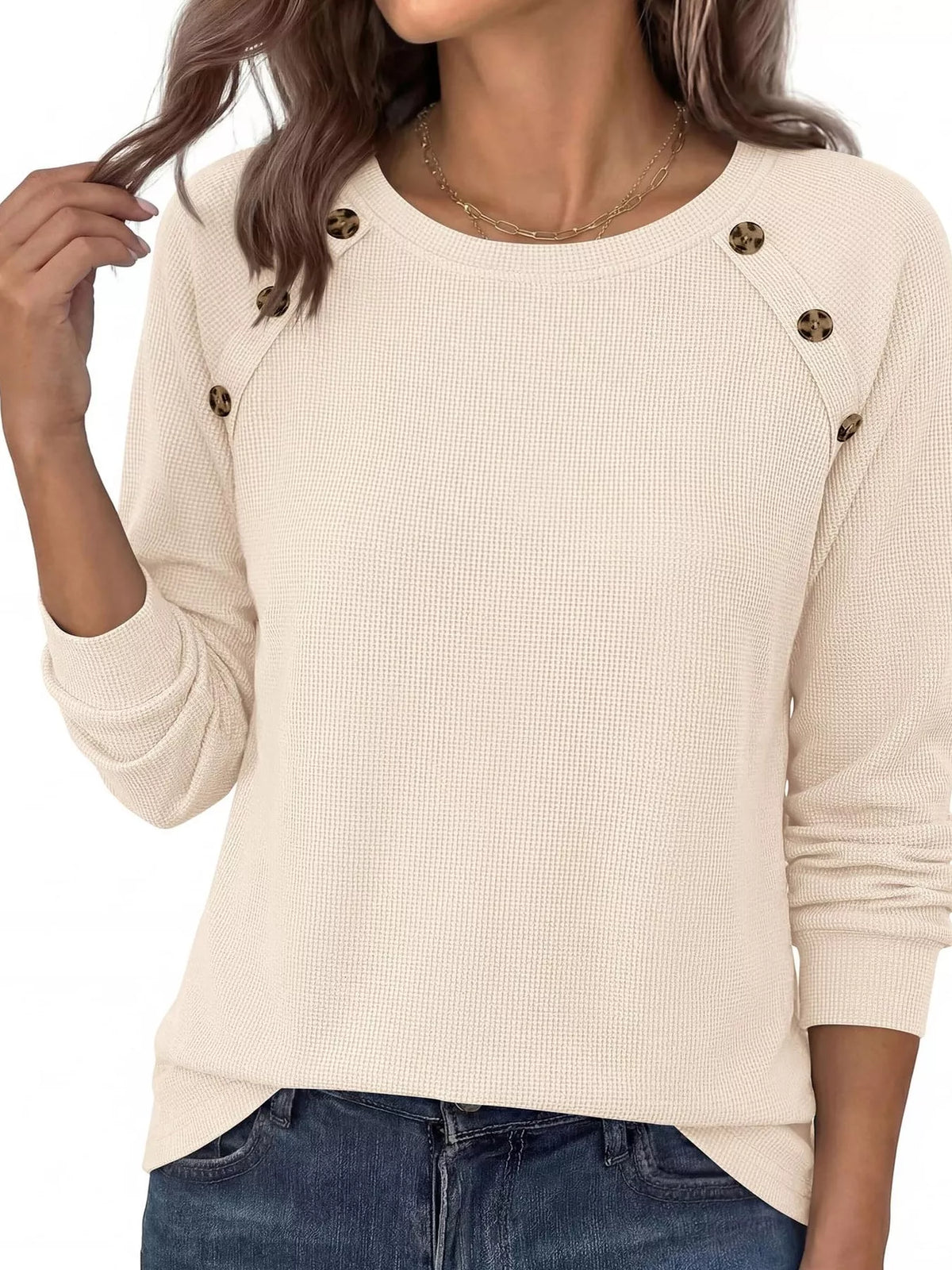 Decorative Button Waffle Knit Long Sleeve T-Shirt