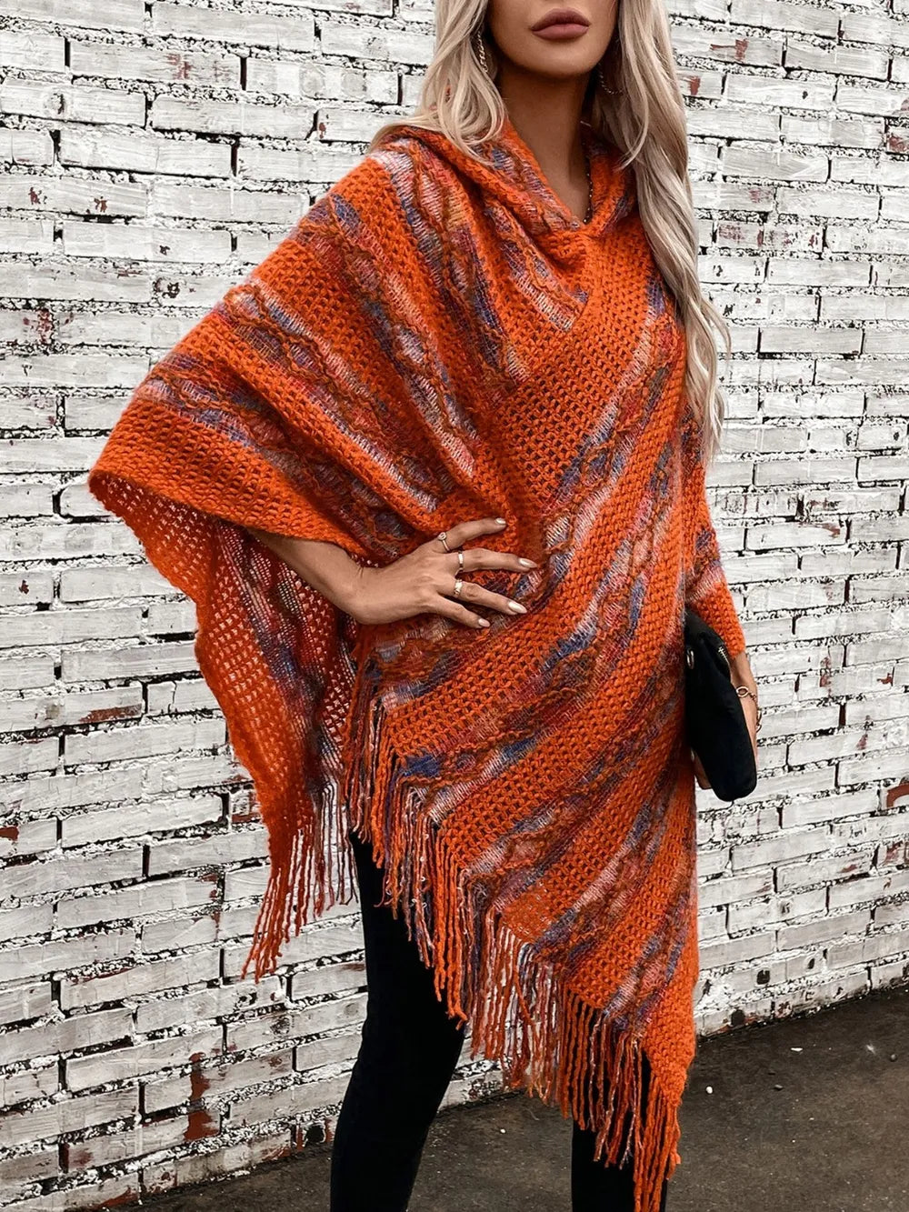 Fringe Contrast Hooded Poncho, view 4