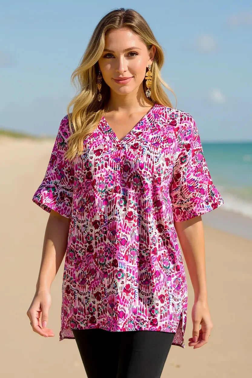 Double Take Full Size Printed V-Neck Short Sleeve Blouse - Lilixa.store